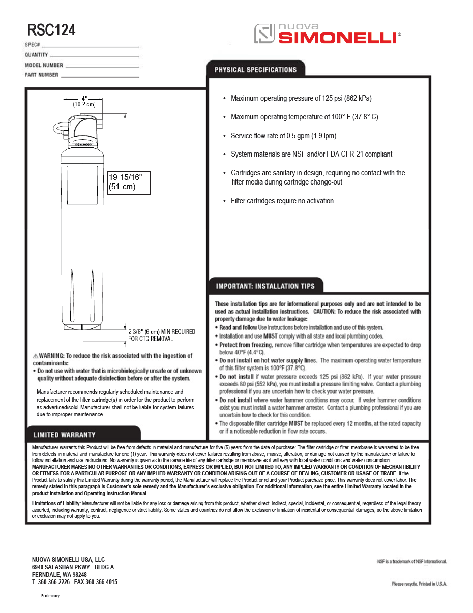 Small Capacity Filtration System (both filter and water adapter head)