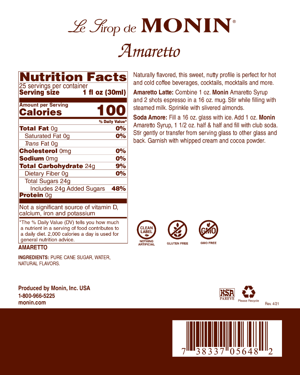 Monin Premium Amaretto Syrup - 750 ML